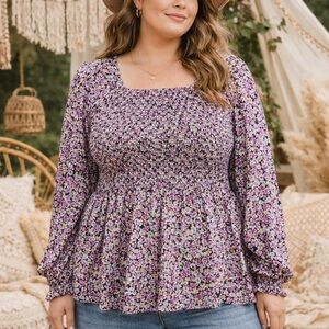 Addition Elle Floral Smocked Peplum Silhouette Boho Stretch Bodice Blouse 1X
